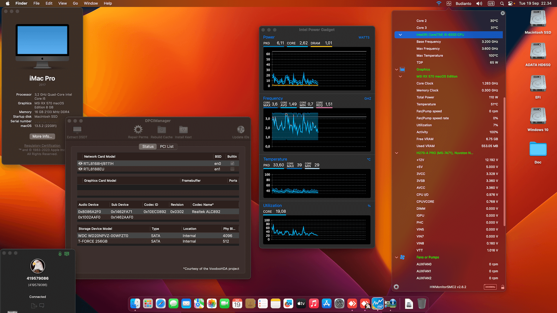 Success Hackintosh macOS Ventura 13.5.2 Build 22G91 in MSI H270-A PRO + Intel Core i5 6500 + MSI RX 570